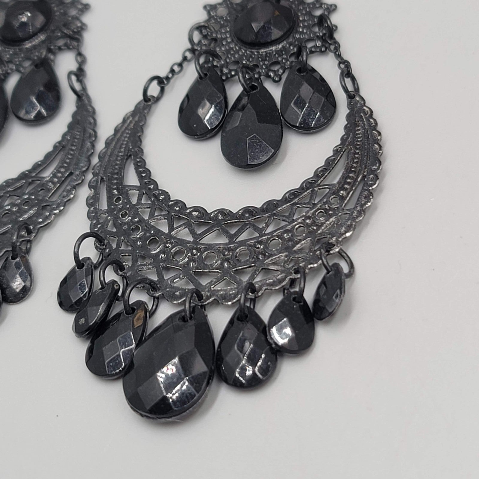 Black Enamel Chandelier Pierced Earrings Beaded Dangle LONG 4"