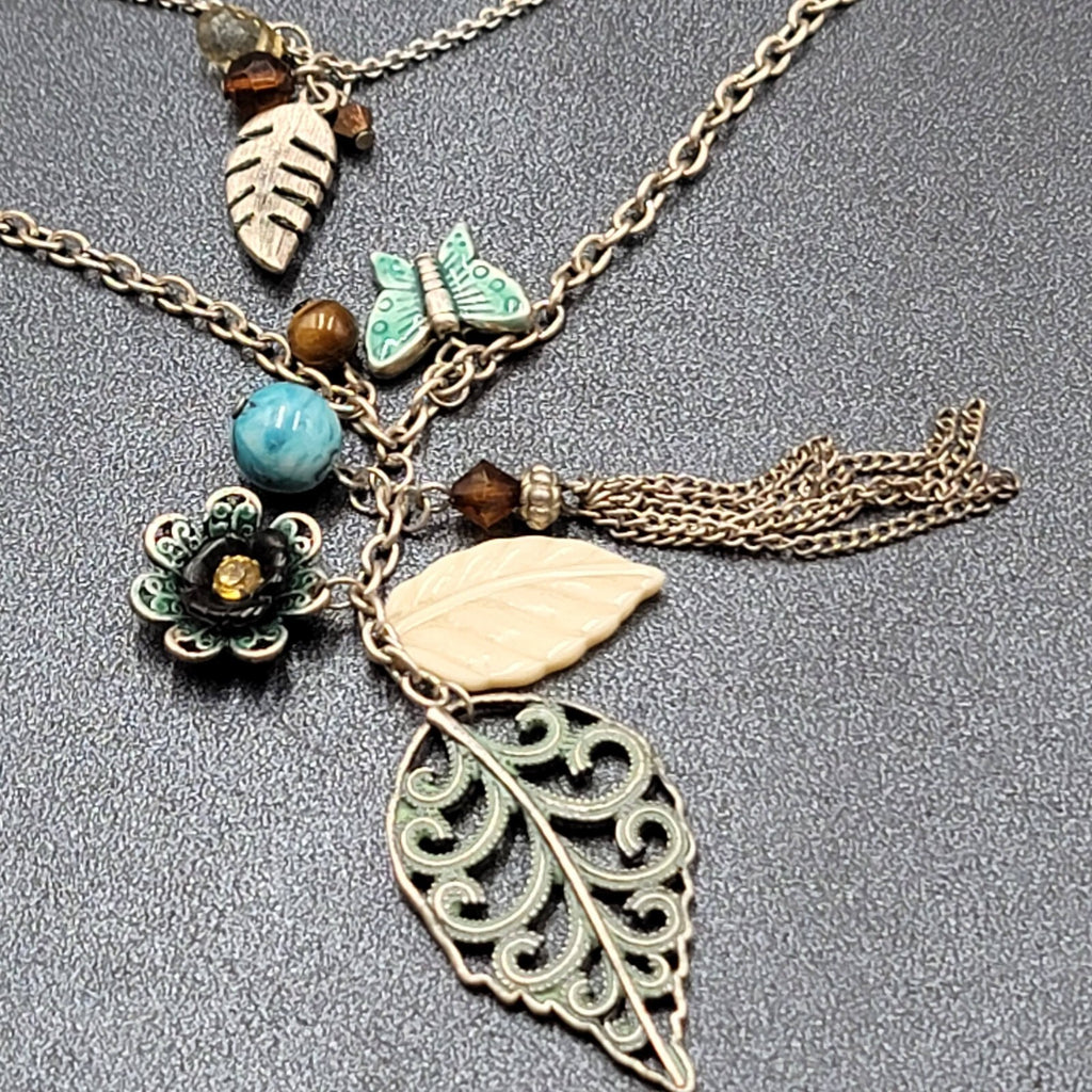 Boho Charm Necklace Layered Double Chain Silver tone Butterfly Leaf Enamel 16"