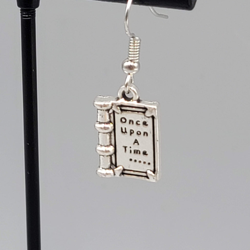 Book Pierced Earrings Once Upon a Time Silver tone Dangle NEW 5/8"
