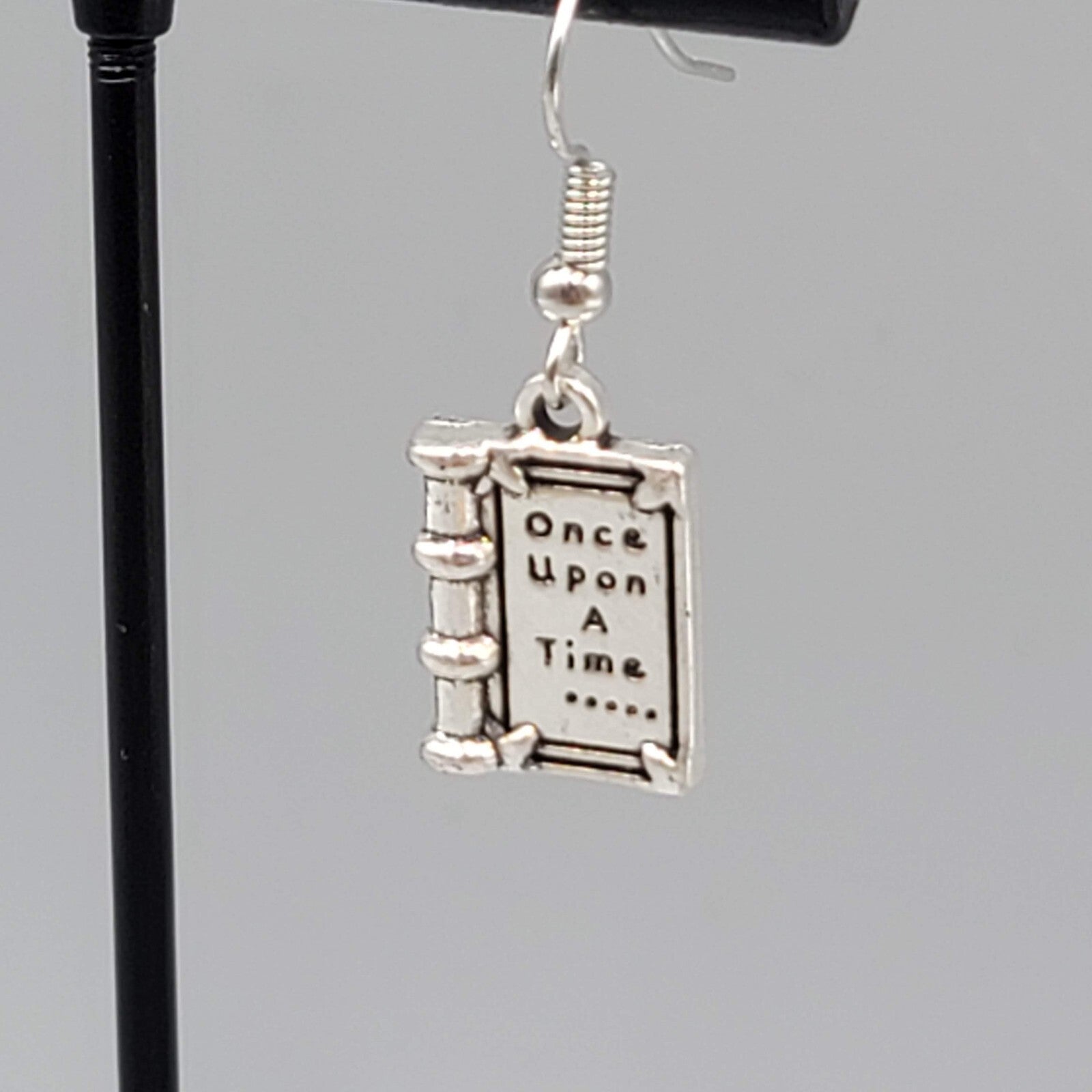 Book Pierced Earrings Once Upon a Time Silver tone Dangle NEW 5/8"