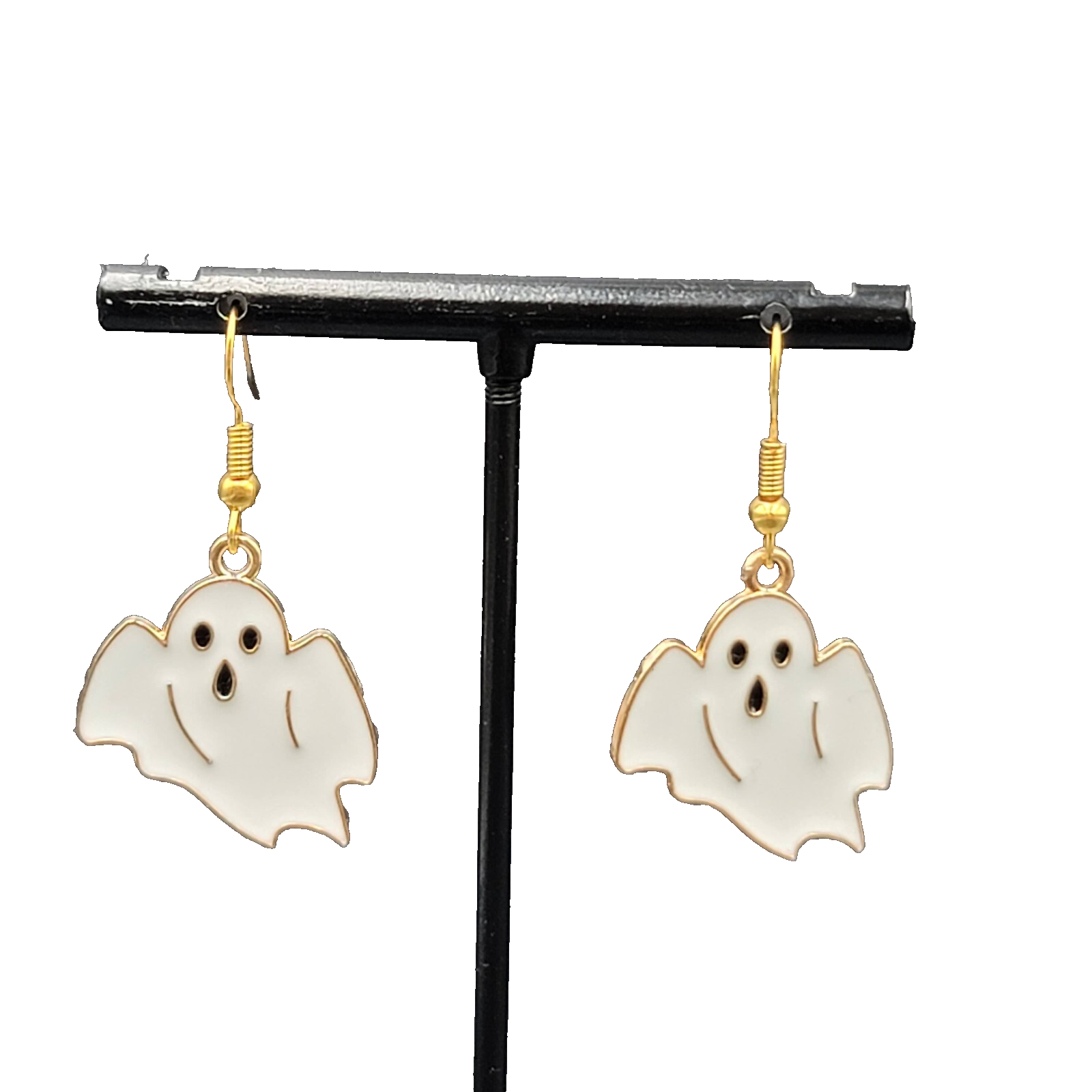 Halloween Spooky White Ghost Pierced Earrings Gold tone Enamel Dangle 1"