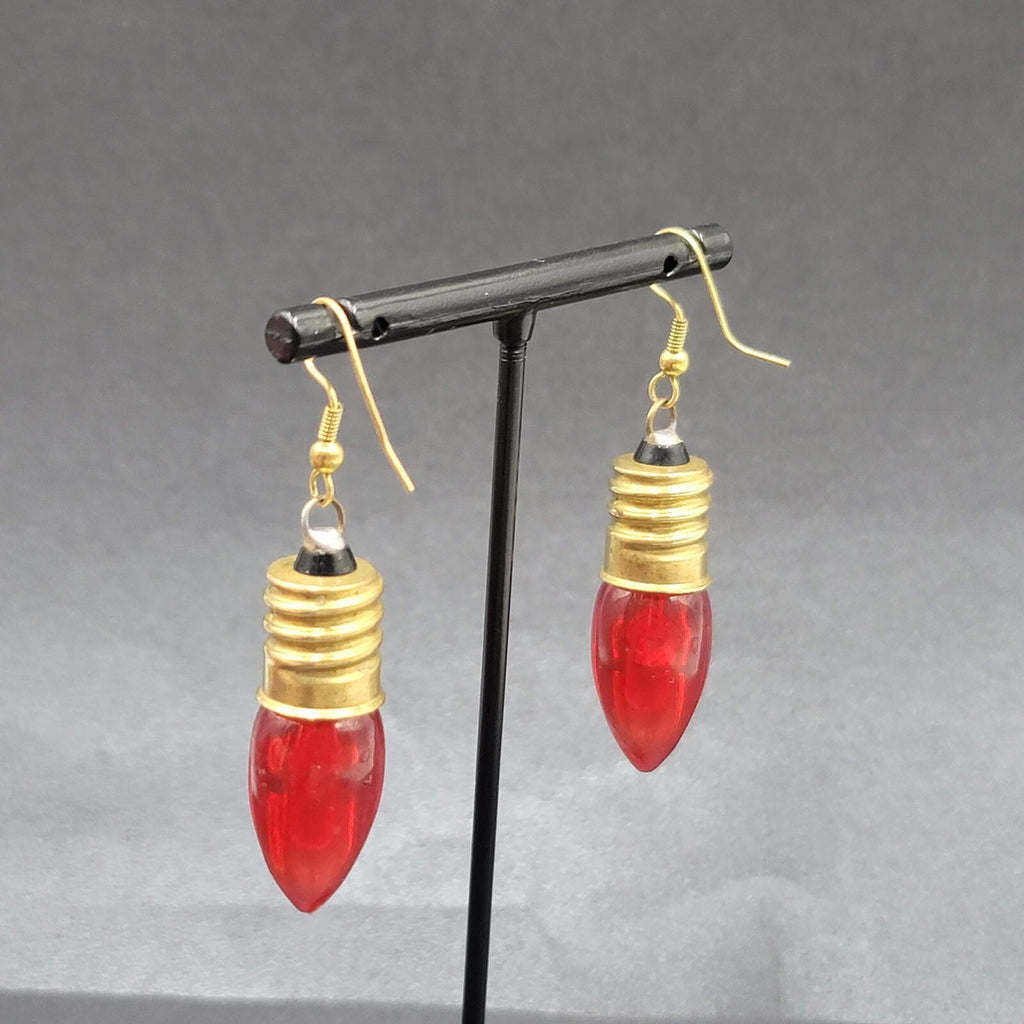 Christmas Pierced Earrings Gold tone Red Christmas Bulbs 1.75"