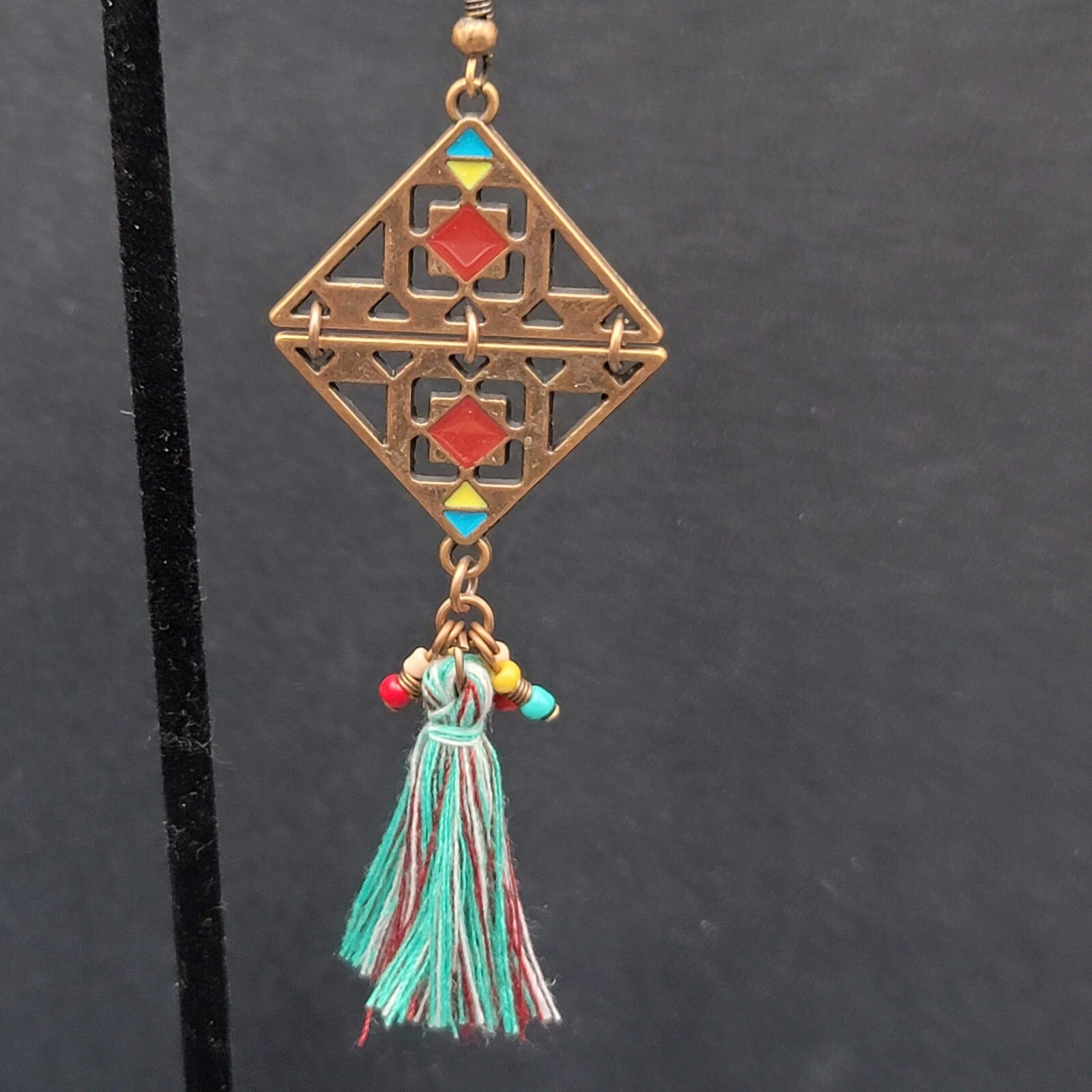 New Boho Pierced Earrings Copper tone Enamel Blue Tassel Long 3"
