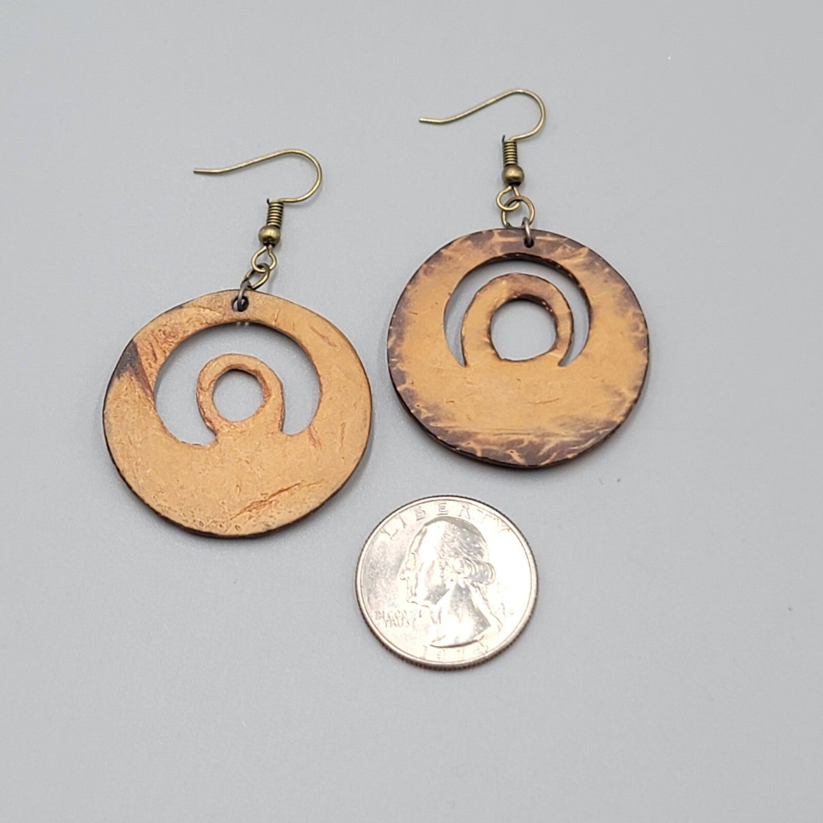 Vintage Coconut Pierced Earrings Hand Carved Bird Dangle 1.5"