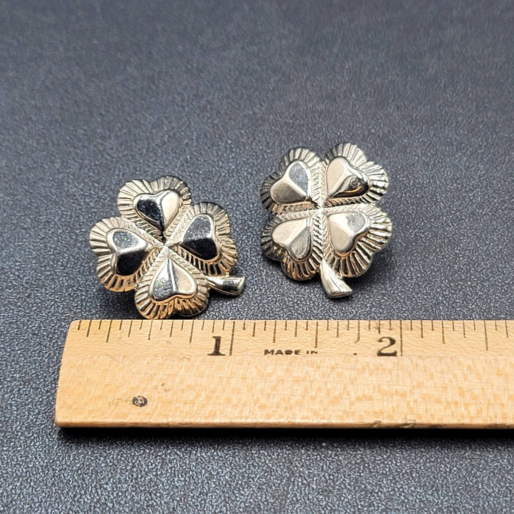 Vintage Pierced Earrings Shiny Silver tone 4 Leaf Shamrocks 1"