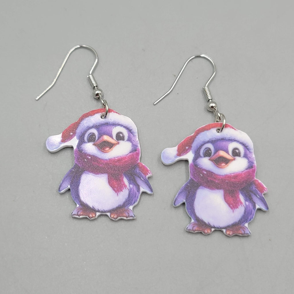 Winter Penguin Pierced Earrings Silver tone Dangle 1.25 in