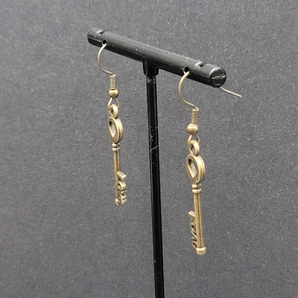 NEW Skeleton Key Pierced Earrings Bronze tone LOVE Dangle 1.25"