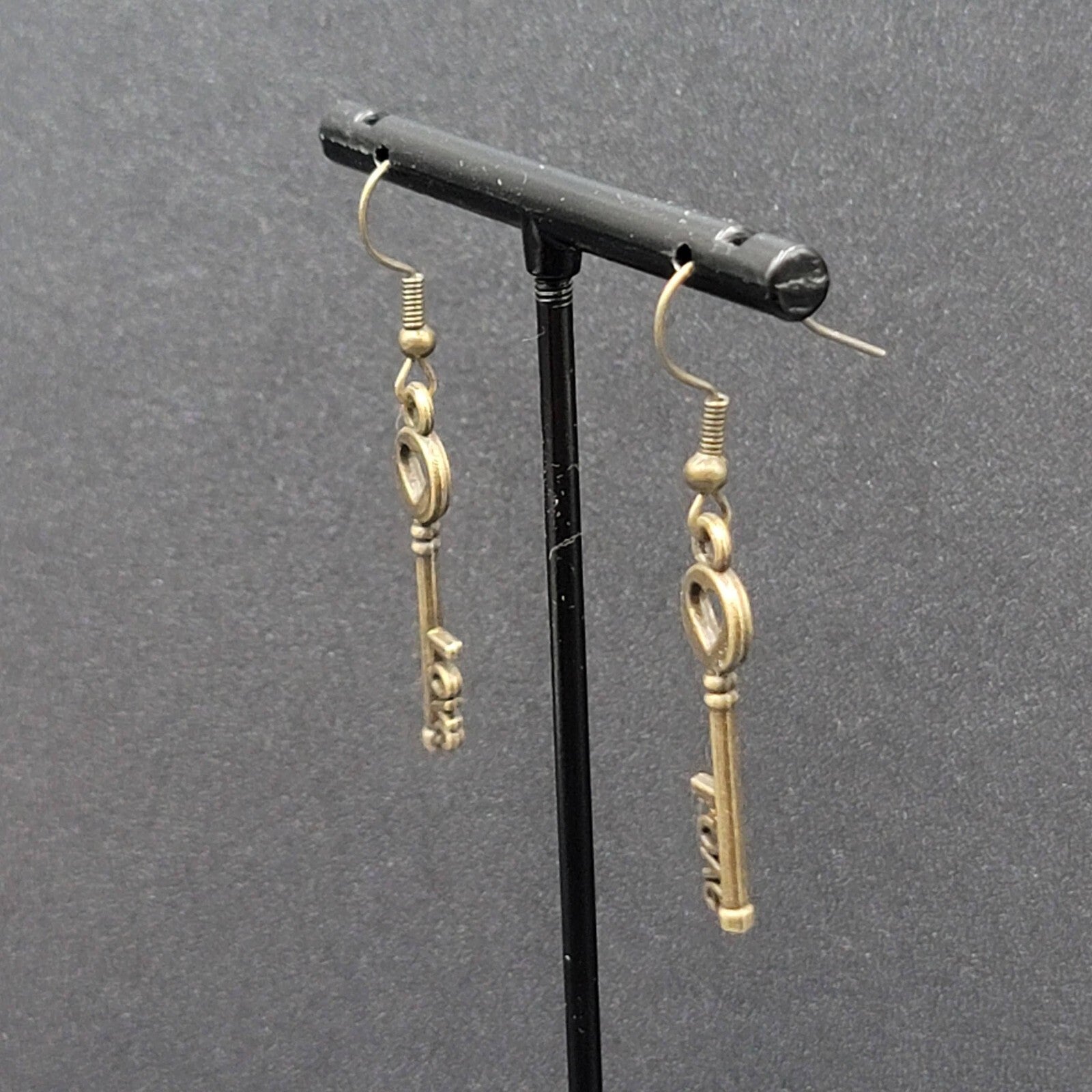 NEW Skeleton Key Pierced Earrings Bronze tone LOVE Dangle 1.25"