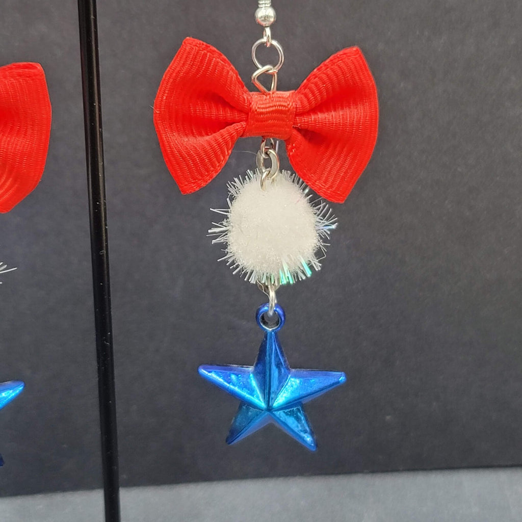 Patriotic Pierced Earrings Red Ribbon Bow Pom Pom Blue Star 2.75"