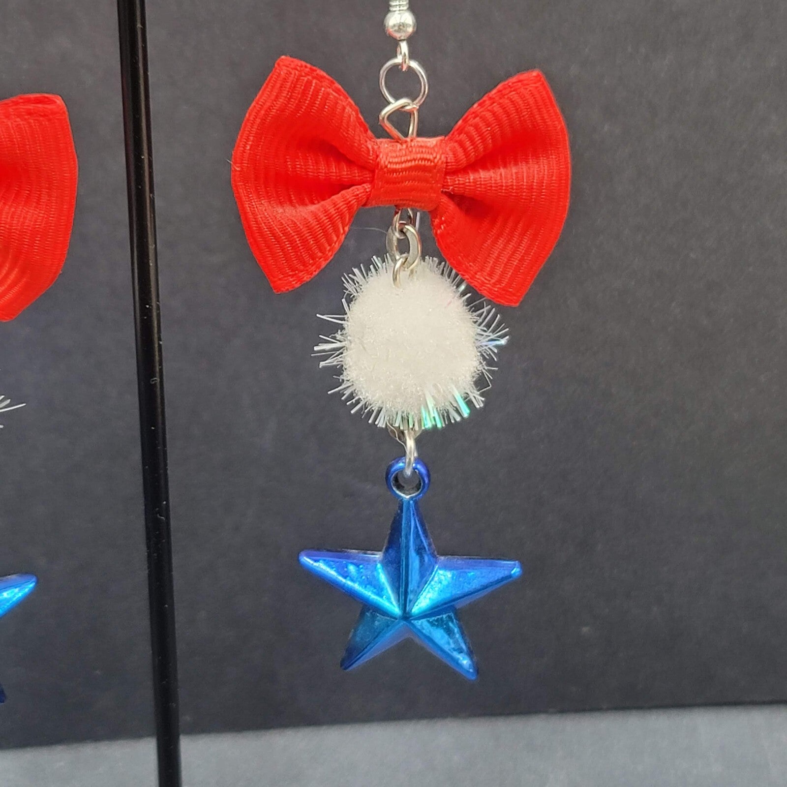 Patriotic Pierced Earrings Red Ribbon Bow Pom Pom Blue Star 2.75"