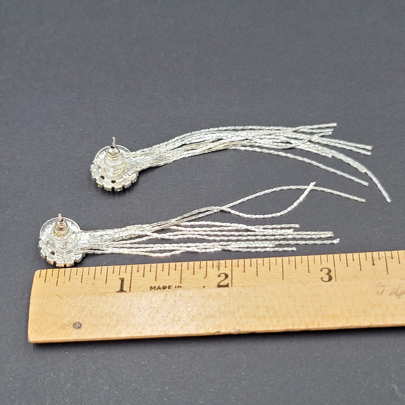 Long Dangle Chain Pierced Earrings Rhinestone Silver tone 3"