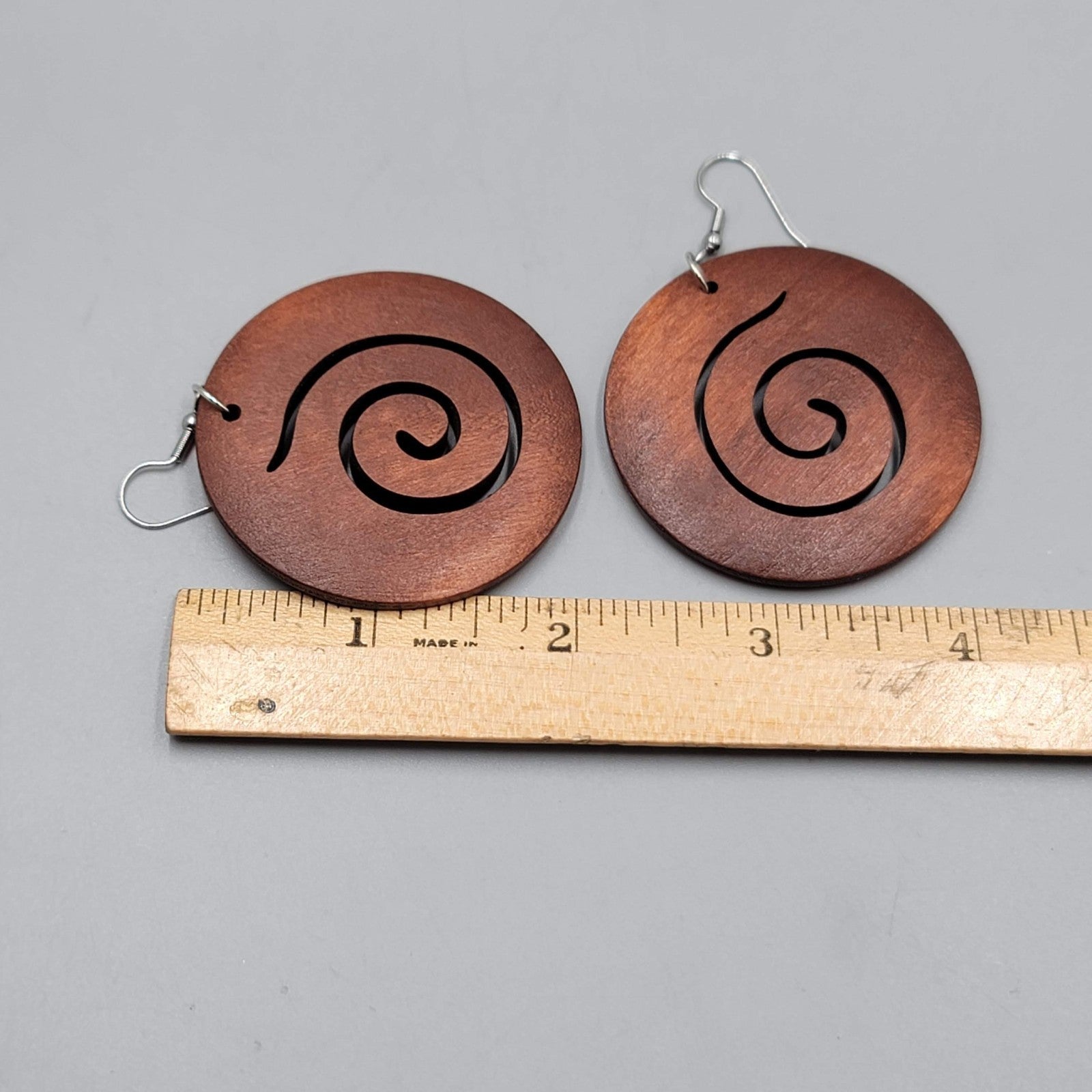 Wood Cut Large Round Swirl Boho Pierced Earrings Silver tone Dangle 2 in