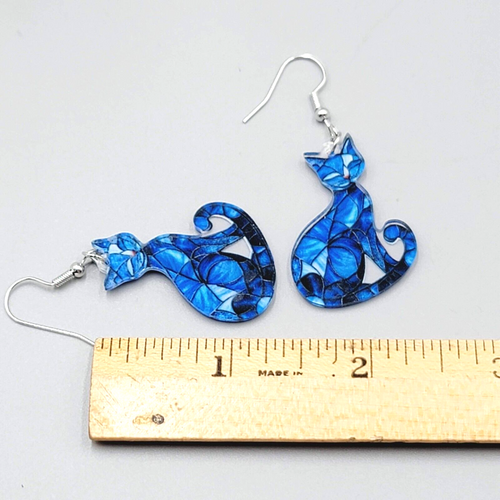 Blue Kitty Cat Pierced Earrings Mosaic Acrylic Dangle 1 3/8"
