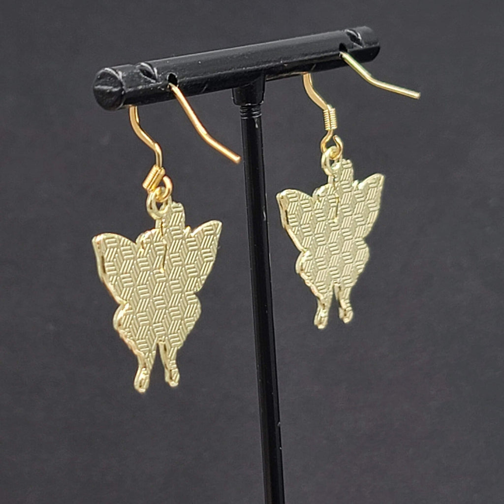 Pink Tulip Purple Moth Enamel Pierced Earrings Gold tone Dangle Butterfly 1"