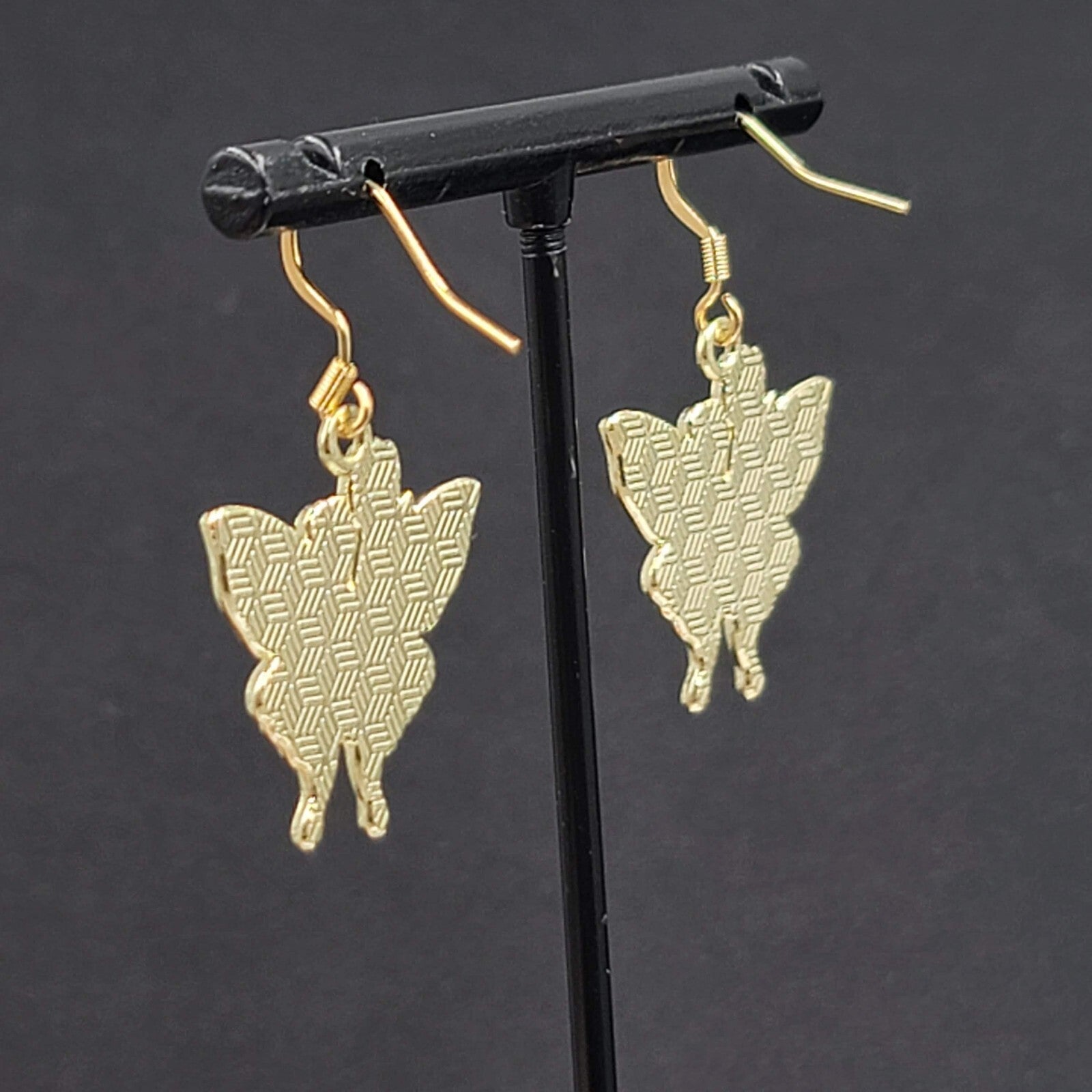 Pink Tulip Purple Moth Enamel Pierced Earrings Gold tone Dangle Butterfly 1"