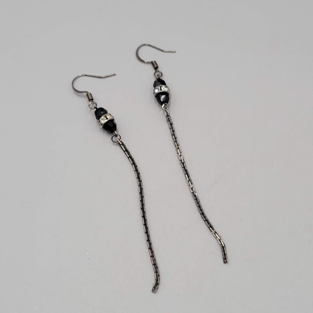 Black Metal Chain Pierced Earrings Rhinestone Bead Dangle 3"