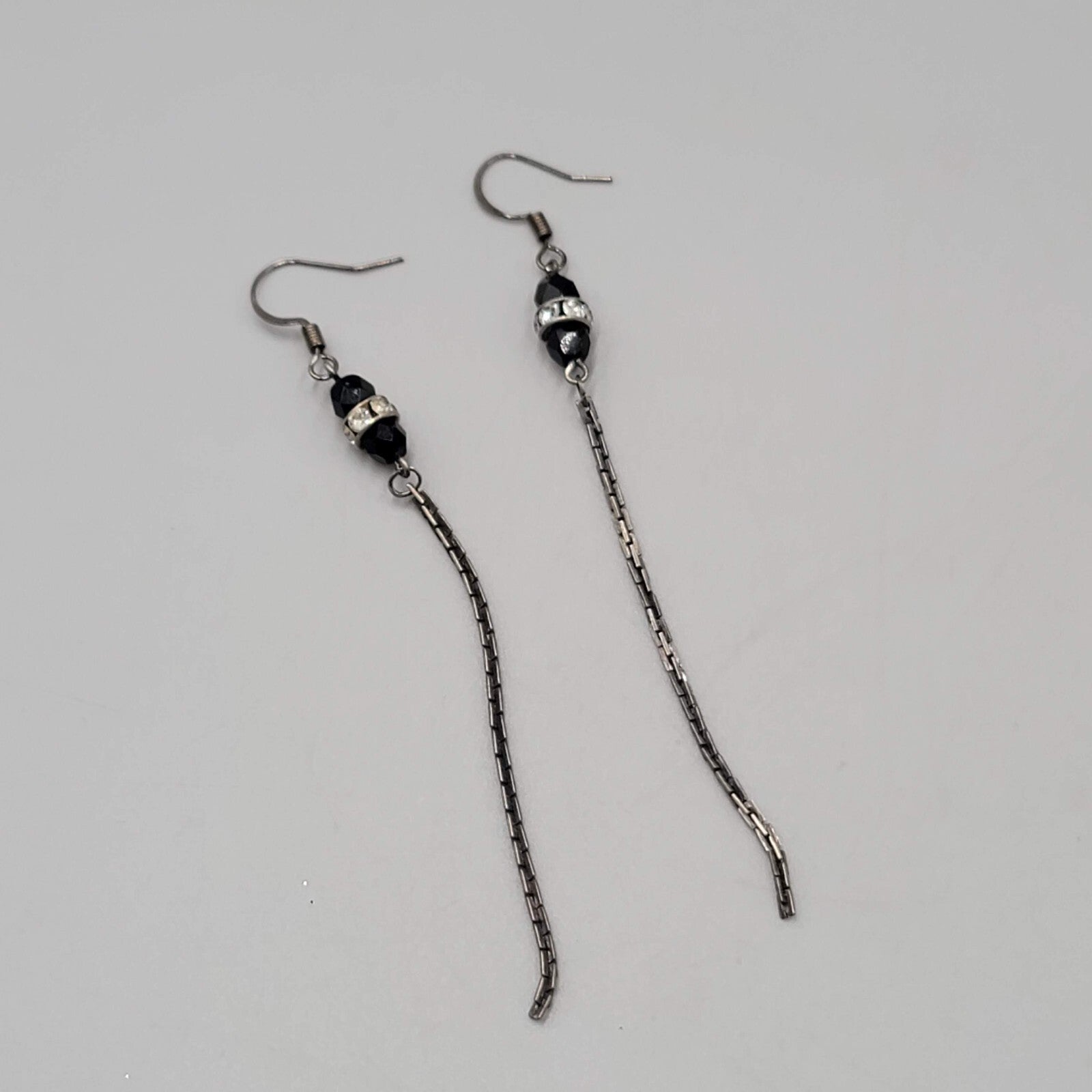 Black Metal Chain Pierced Earrings Rhinestone Bead Dangle 3"