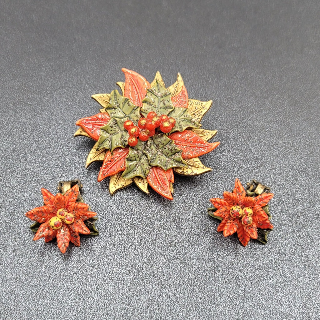 Vintage Clip on Earrings Brooch Set Christmas Poinsettia Plastic Costume Jewelry