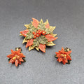 Vintage Clip on Earrings Brooch Set Christmas Poinsettia Plastic Costume Jewelry