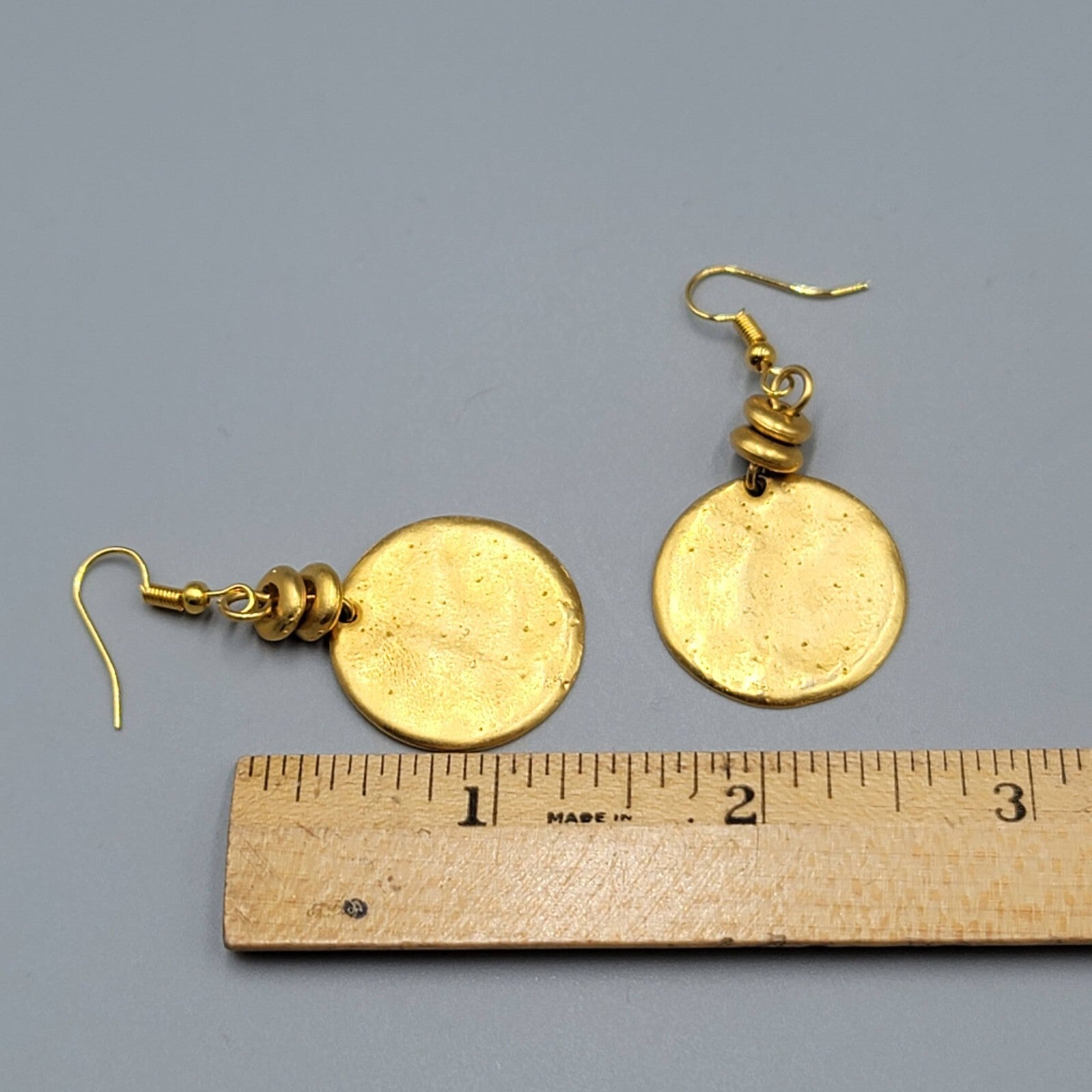 Round Pierced Earrings Yellow Gold Plated Dangle 1.5"