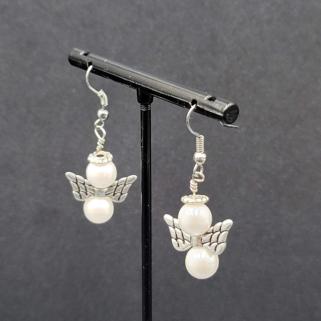 Angel Pierced Earrings Silver tone White Bead Dangle  1"