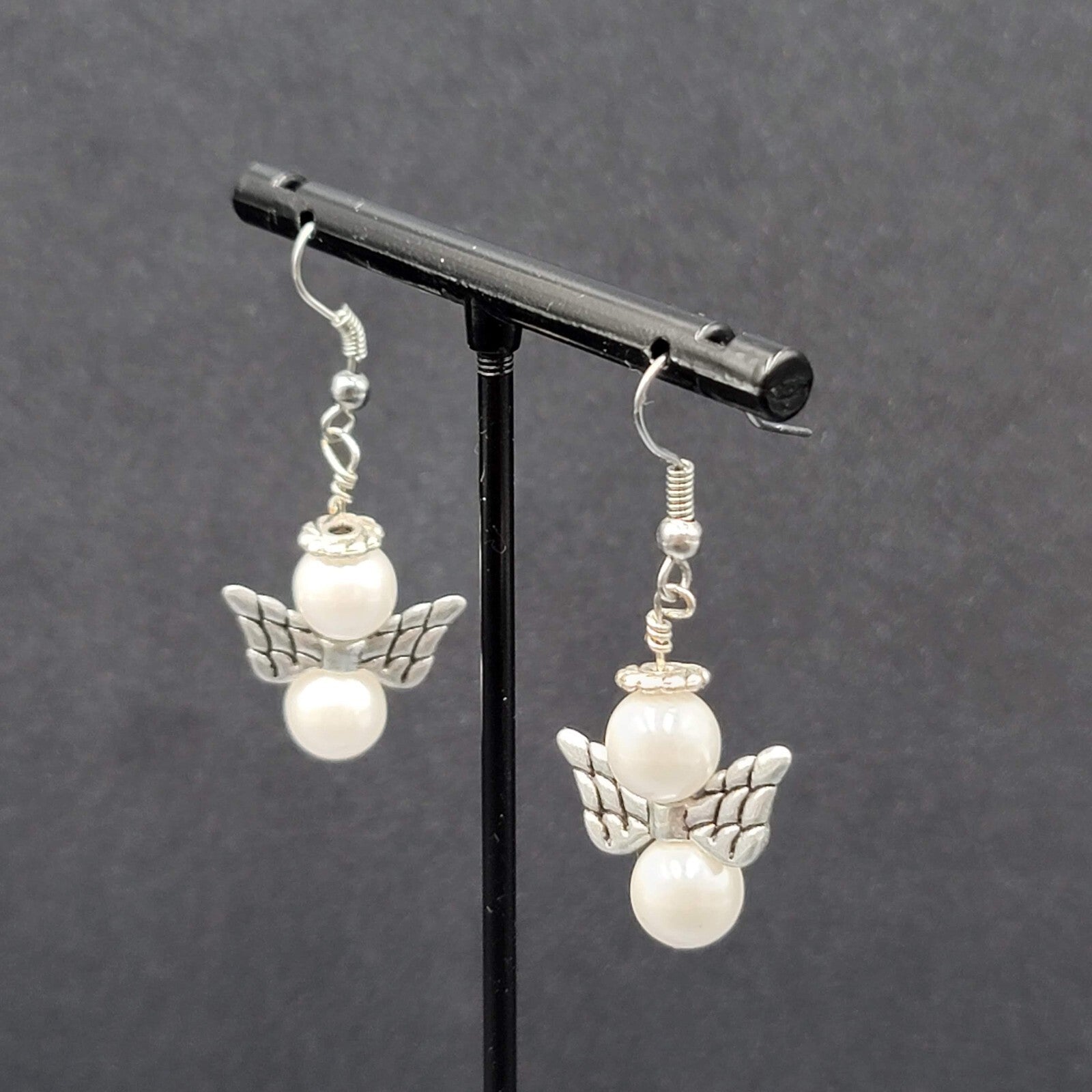 Angel Pierced Earrings Silver tone White Bead Dangle  1"