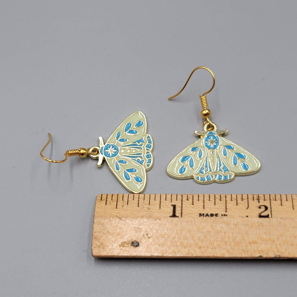 Moth Pierced Earrings Gold tone Yellow Blue Enamel Dangle 3/4"
