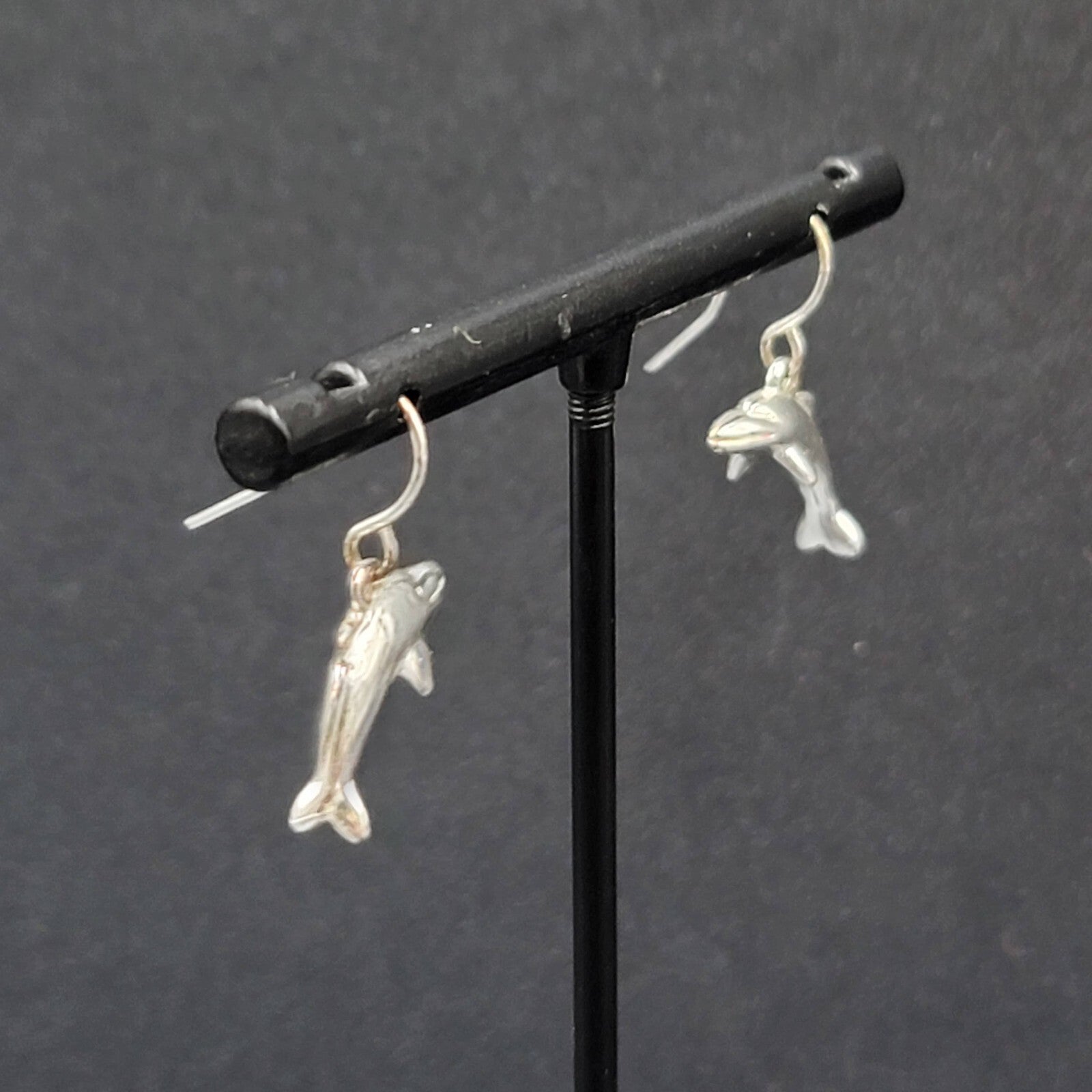 Pierced Earrings Dainty Silver tone Dolphin Dangle 3/4"