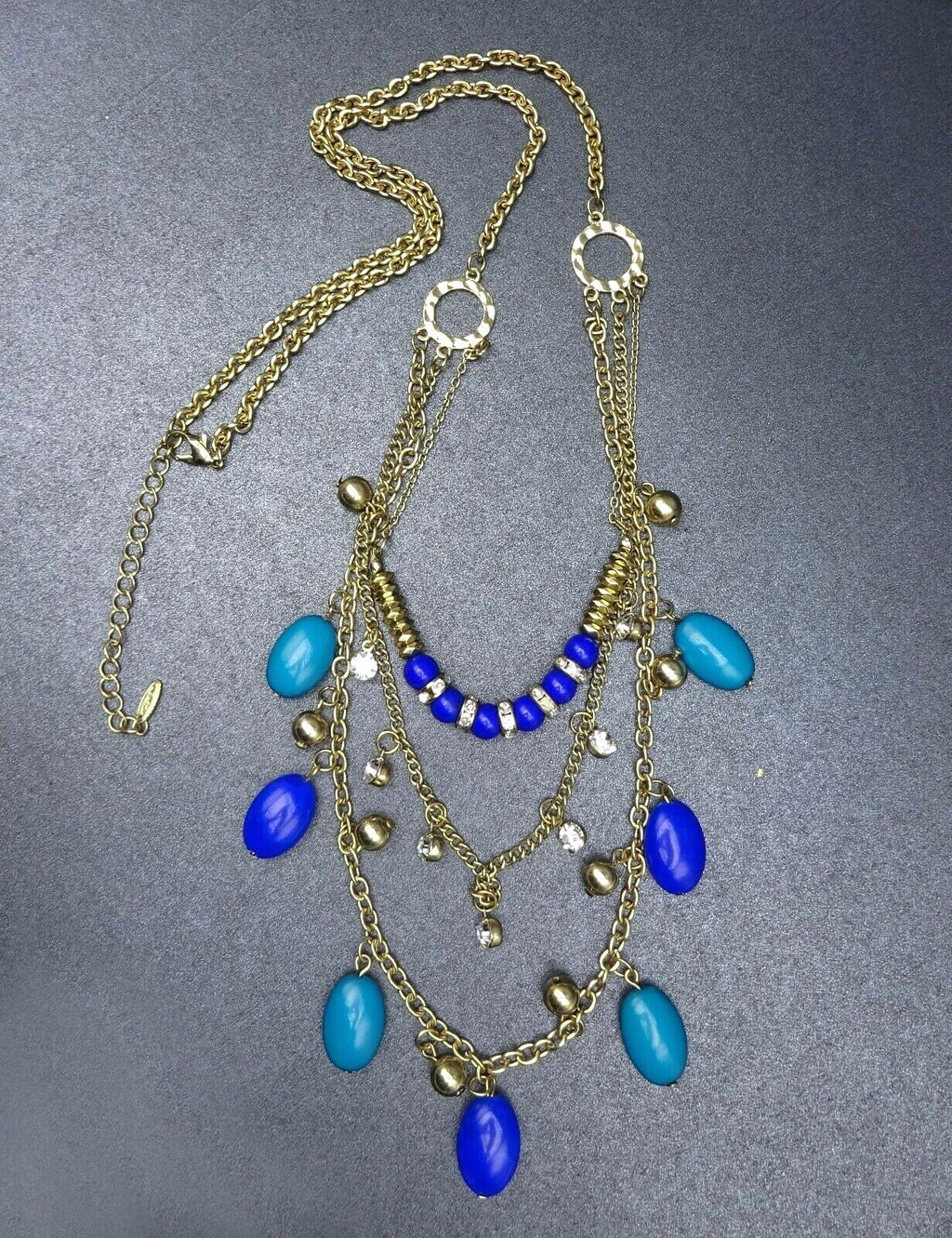 Signed VCLM Necklace Gold tone Multi Layer Blue Bead Chain Long 28" - 31"