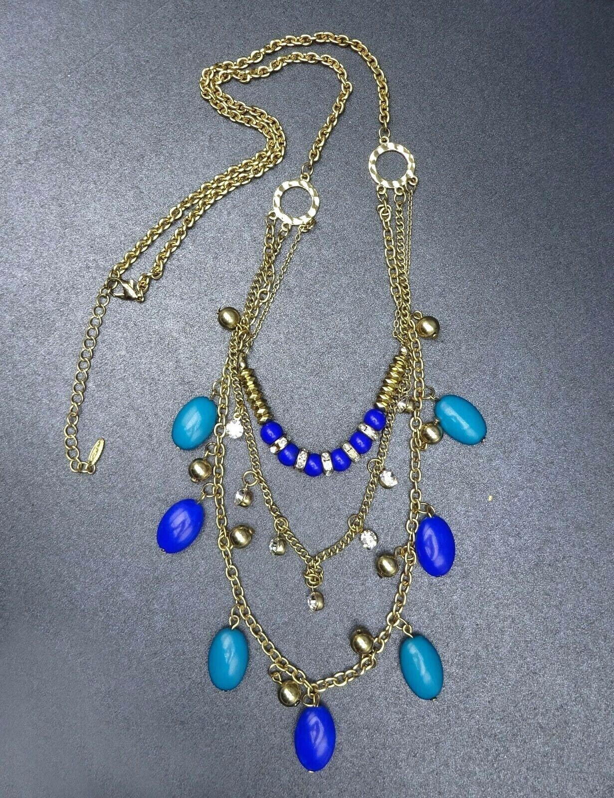 Signed VCLM Necklace Gold tone Multi Layer Blue Bead Chain Long 28" - 31"