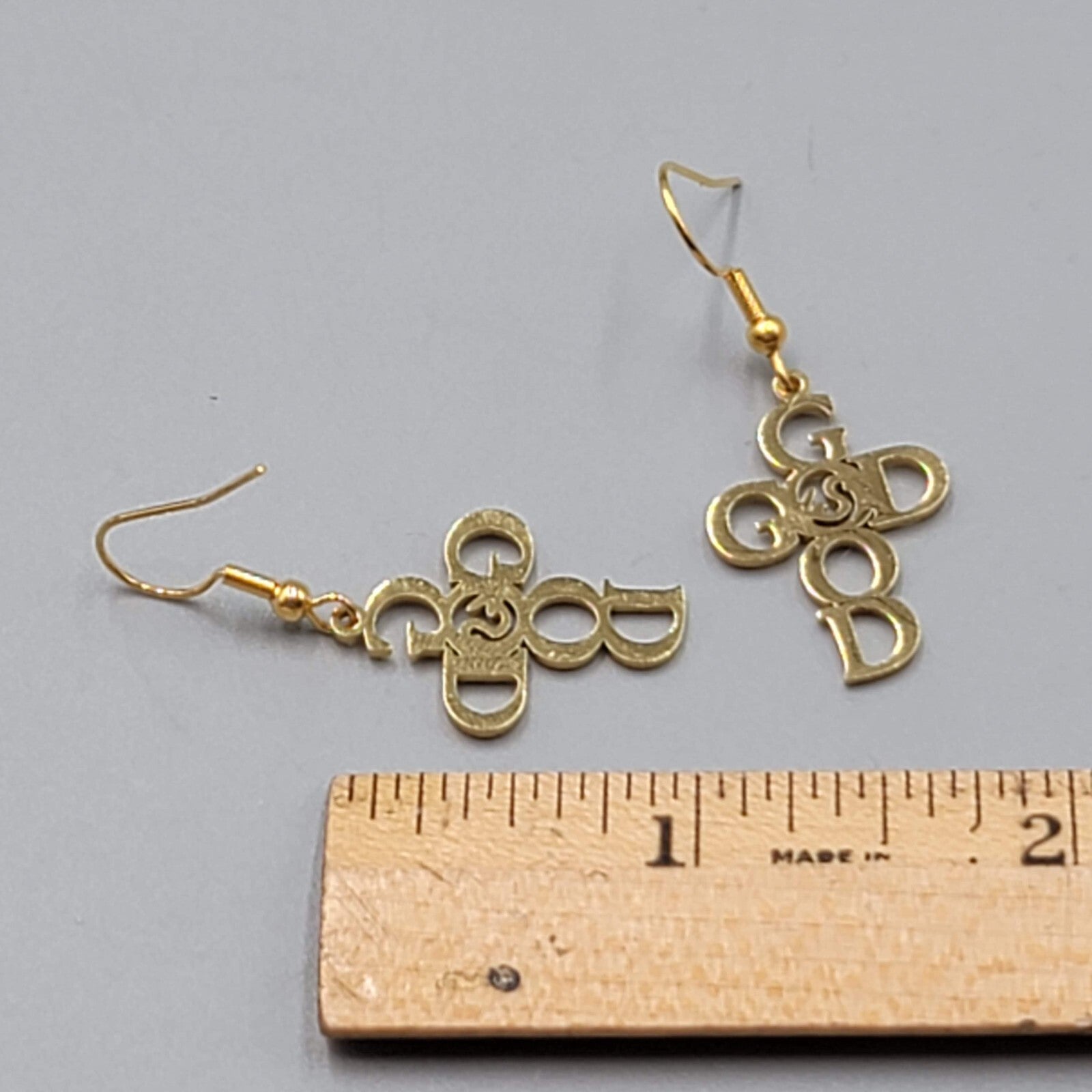 God is Good Cross Pierced Earrings Gold tone Dangle 1"