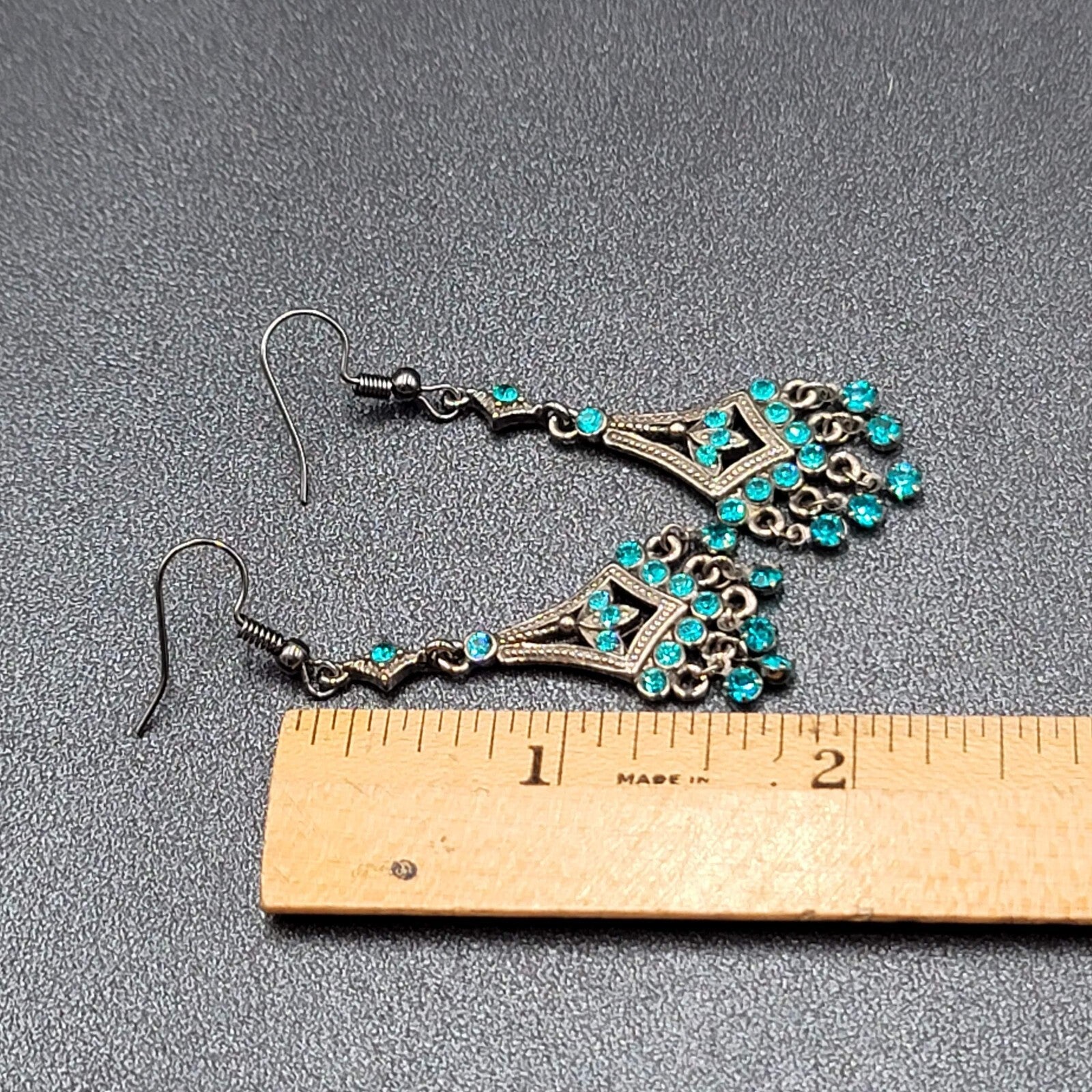 Pierced Earrings Black Metal Bright Blue Rhinestone Dangle Chandelier 1.75"