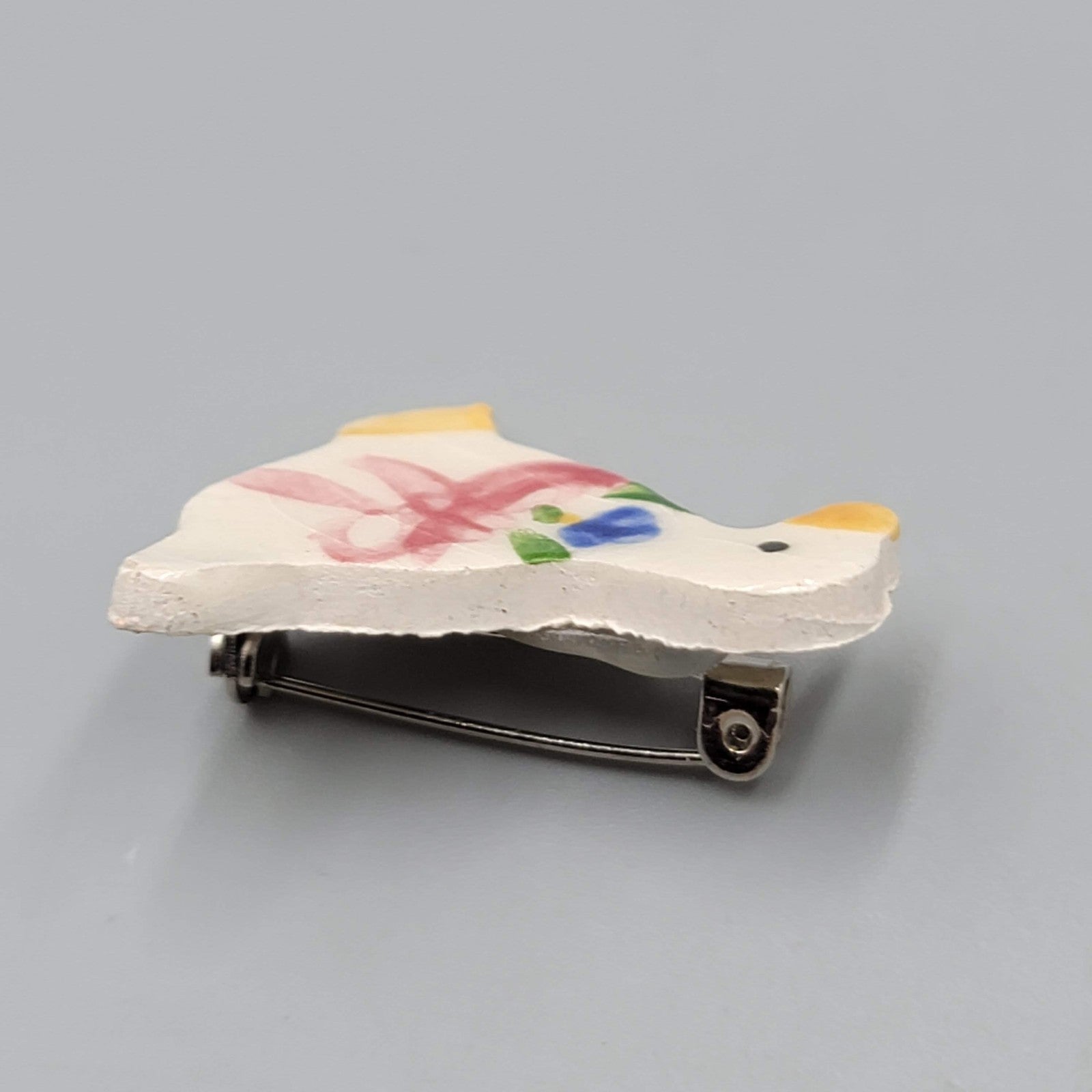 Vintage Hand Painted Goose Duck Pin Brooch Ceramic Ribbon Bow Floral 1980s Gift