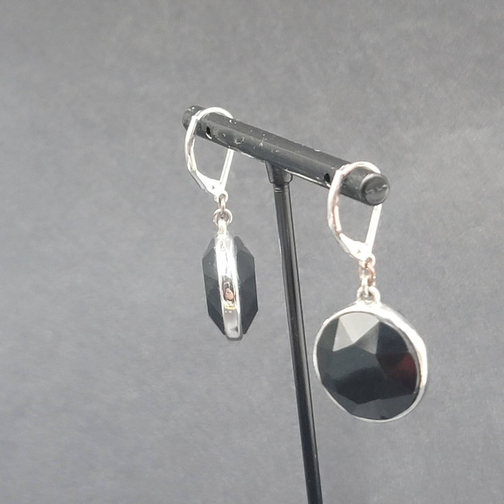 Pierced Earrings Silver tone Acrylic Black Faceted Dangle 1"