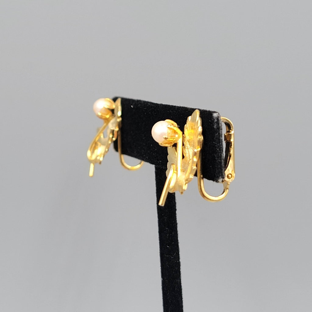 Vintage Leaf Clip on Earrings Gold Plated Faux Pearl Studs 3/4 in