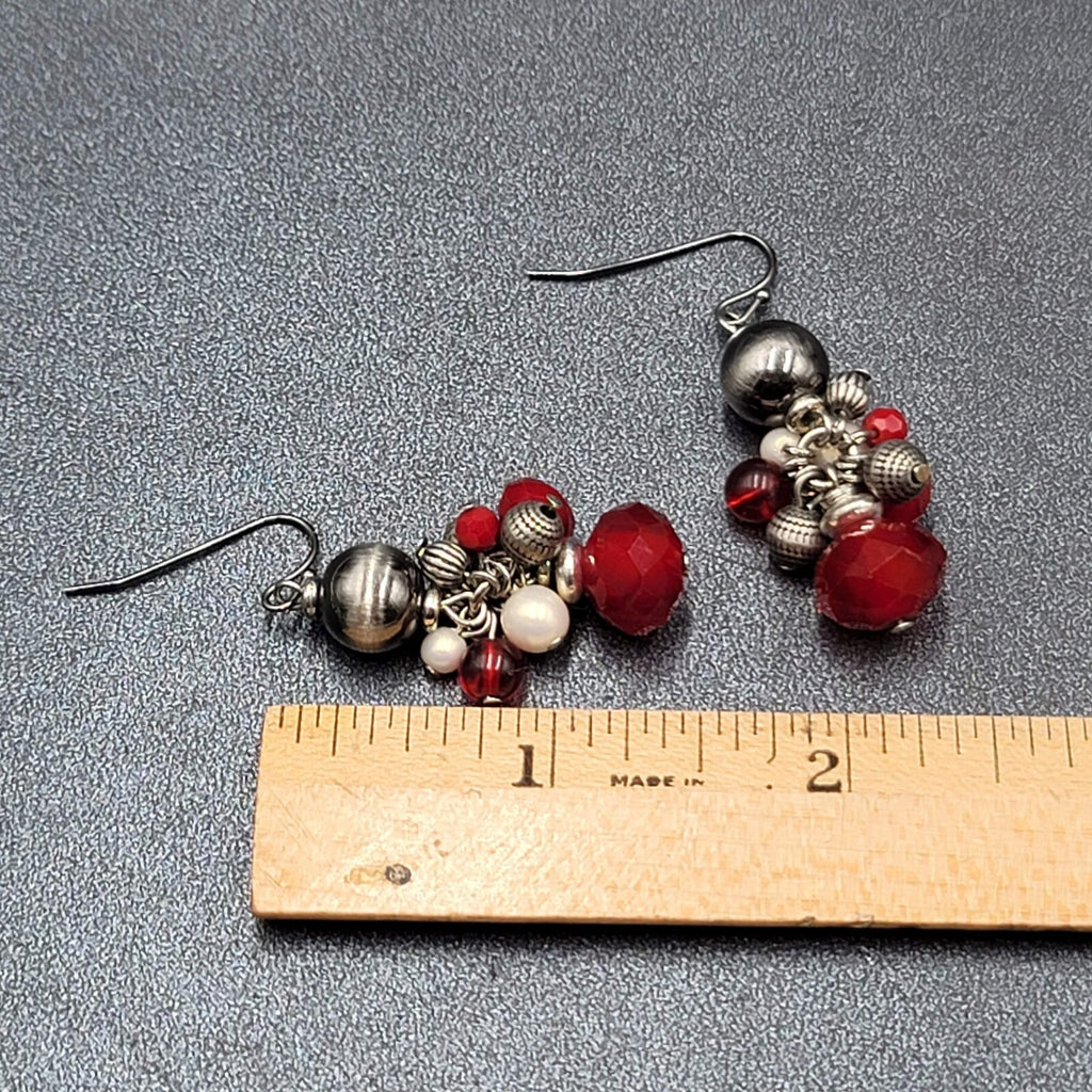 Pierced Earrings Silver tone Red Gray White Black Bead Dangle 1.5"