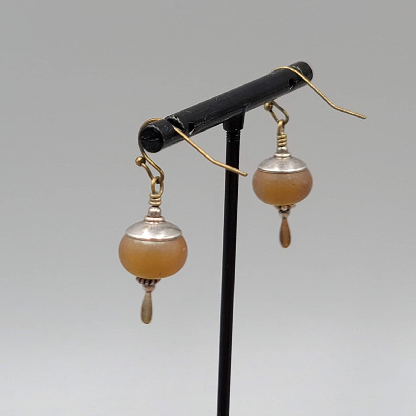 Glass Bead Pierced Earrings Bronze tone & Silver tone Dangle 1"