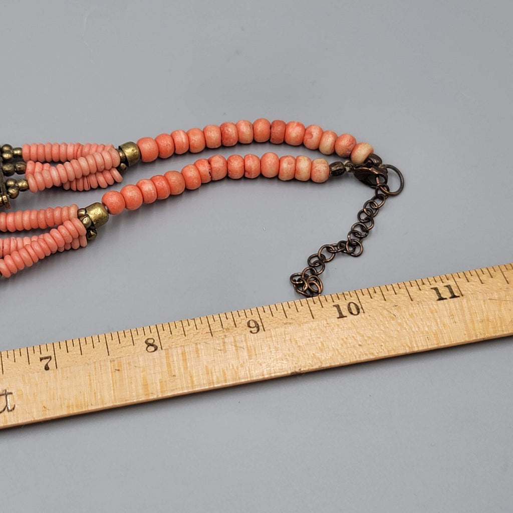 Artisan Faux Coral Bead Bib Boho Necklace Pink Metal Multistrand 20"
