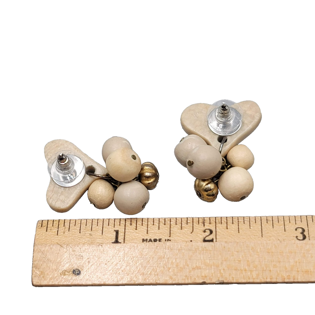 Vintage Heart Bead Pierced Earrings White Stone Dangle 1.5 in
