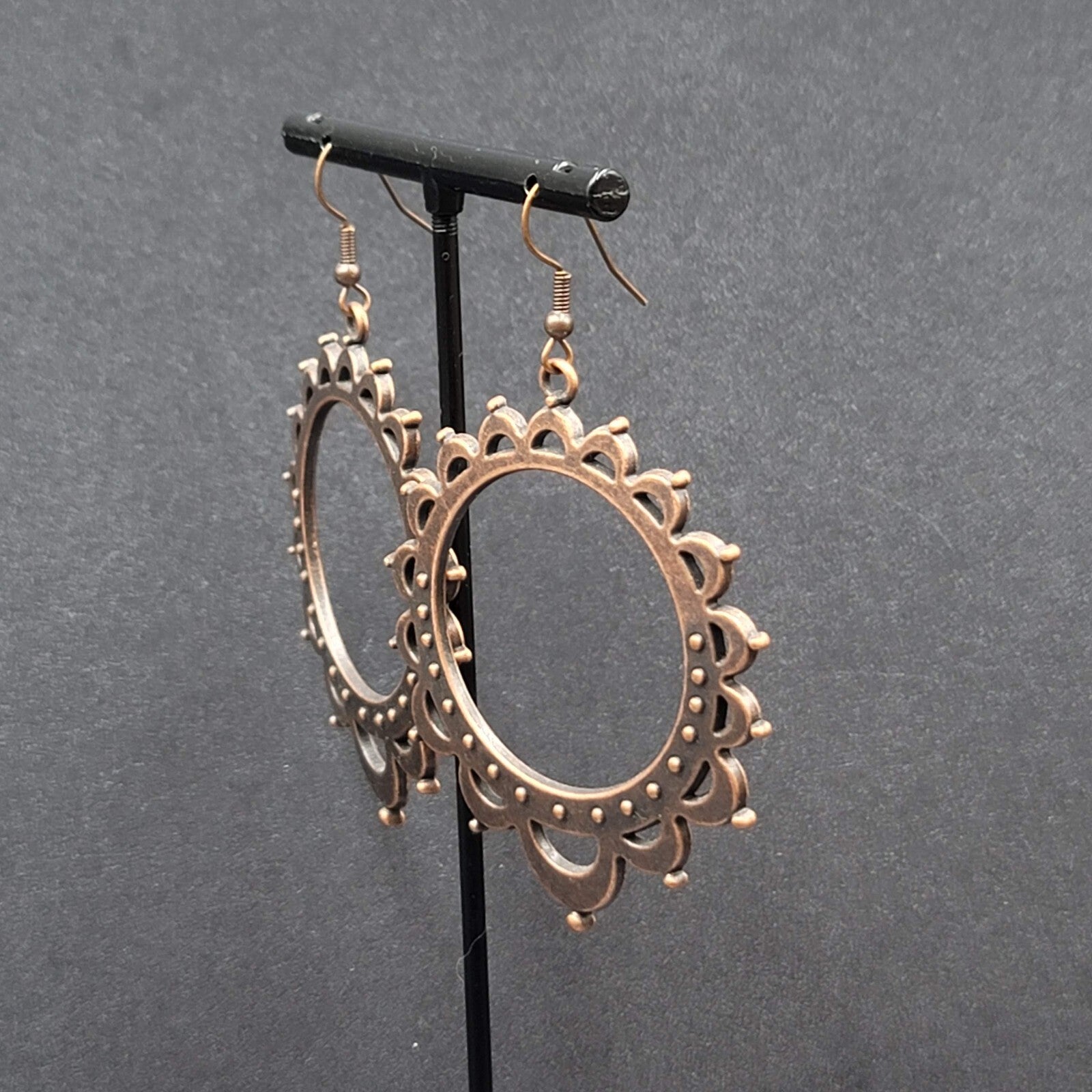 Boho Pierced Earrings Bronze tone Hoop Dangle 2.25"