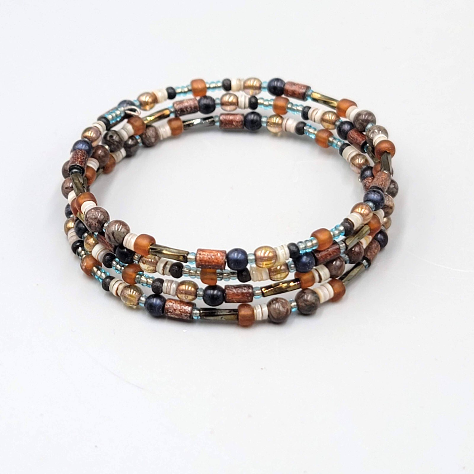 Glass Bead Shell Bracelet Brown Black Memory Wire