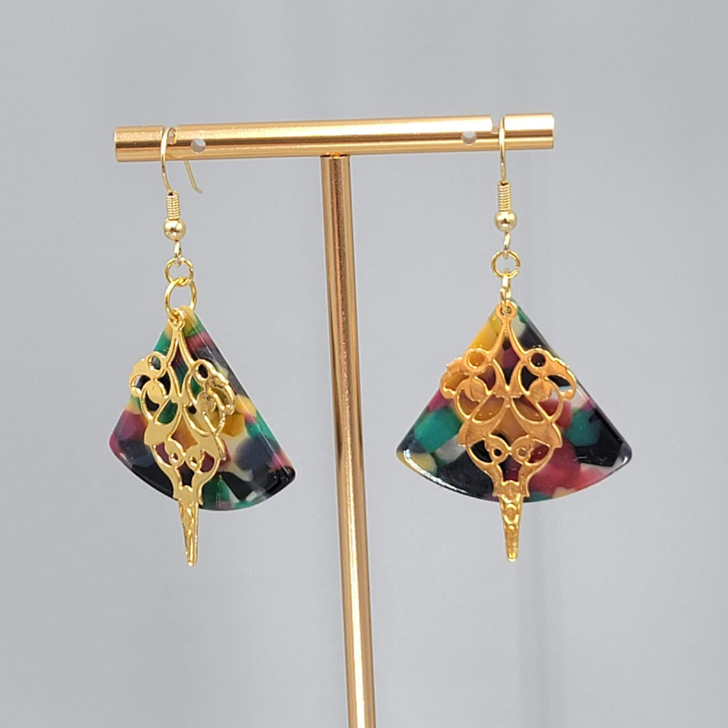 Pierced Earrings Gold tone Dangle Multicolor Acrylic 1.5"