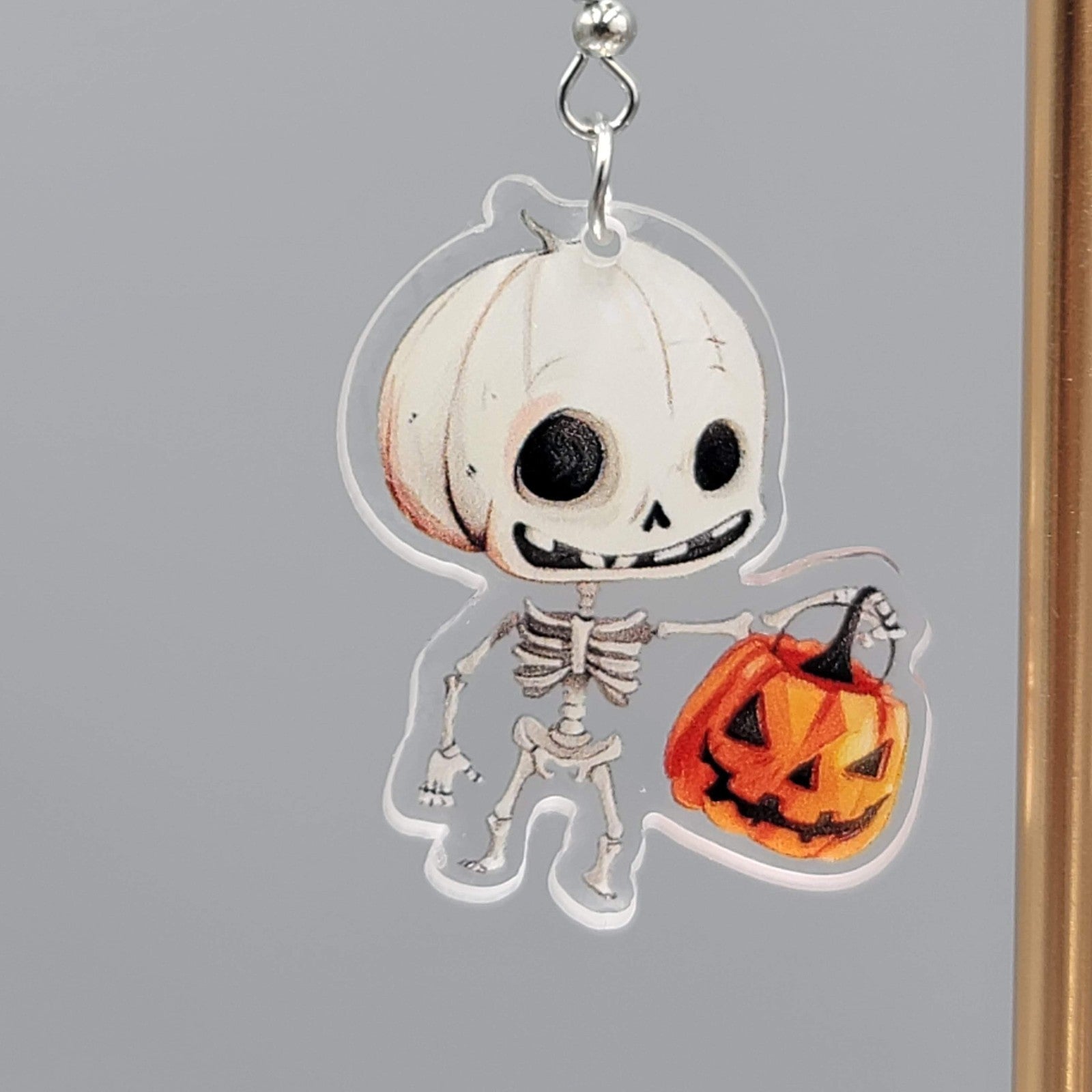 Halloween Trick or Treat Skeleton Pierced Earrings Silver tone Dangle 1.5 in