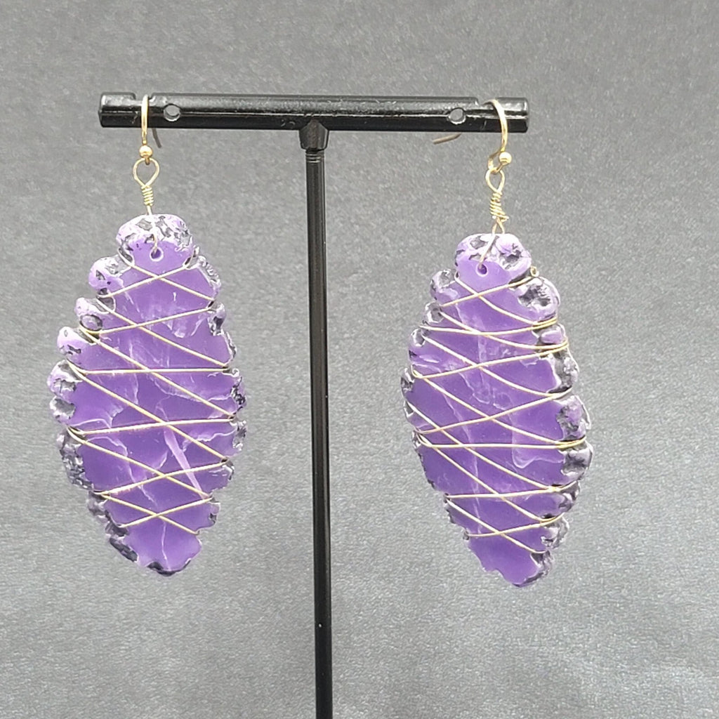 Artisan Pierced Earrings Wire Wrapped Purple Stone Dangle 2"
