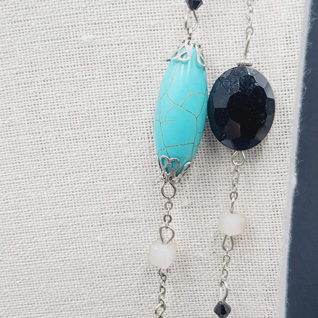 Blue Black White Stone Station Beaded Necklace Silver tone Layered  24"