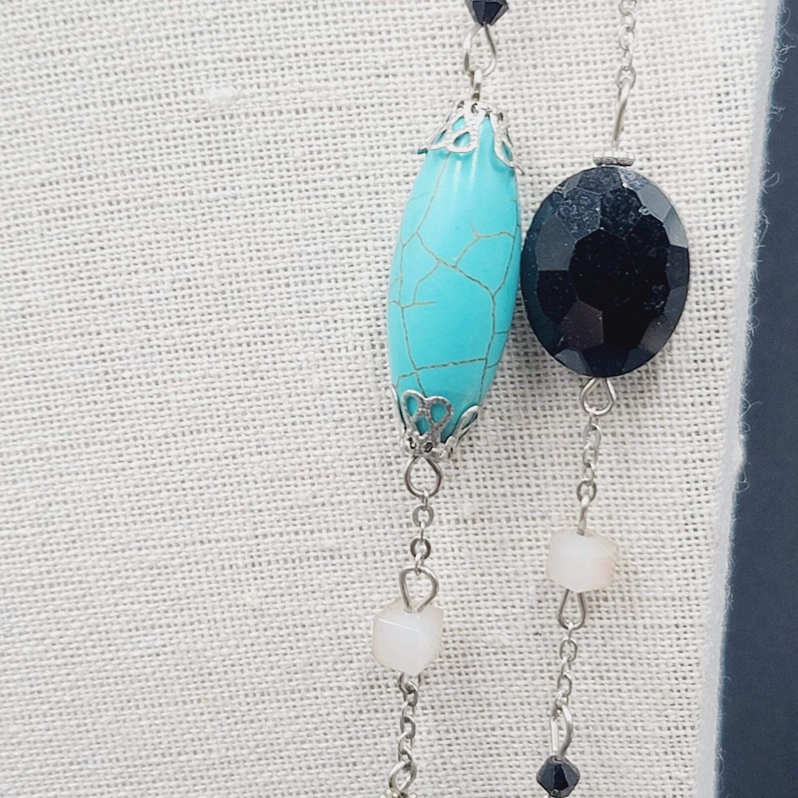 Blue Black White Stone Station Beaded Necklace Silver tone Layered  24"