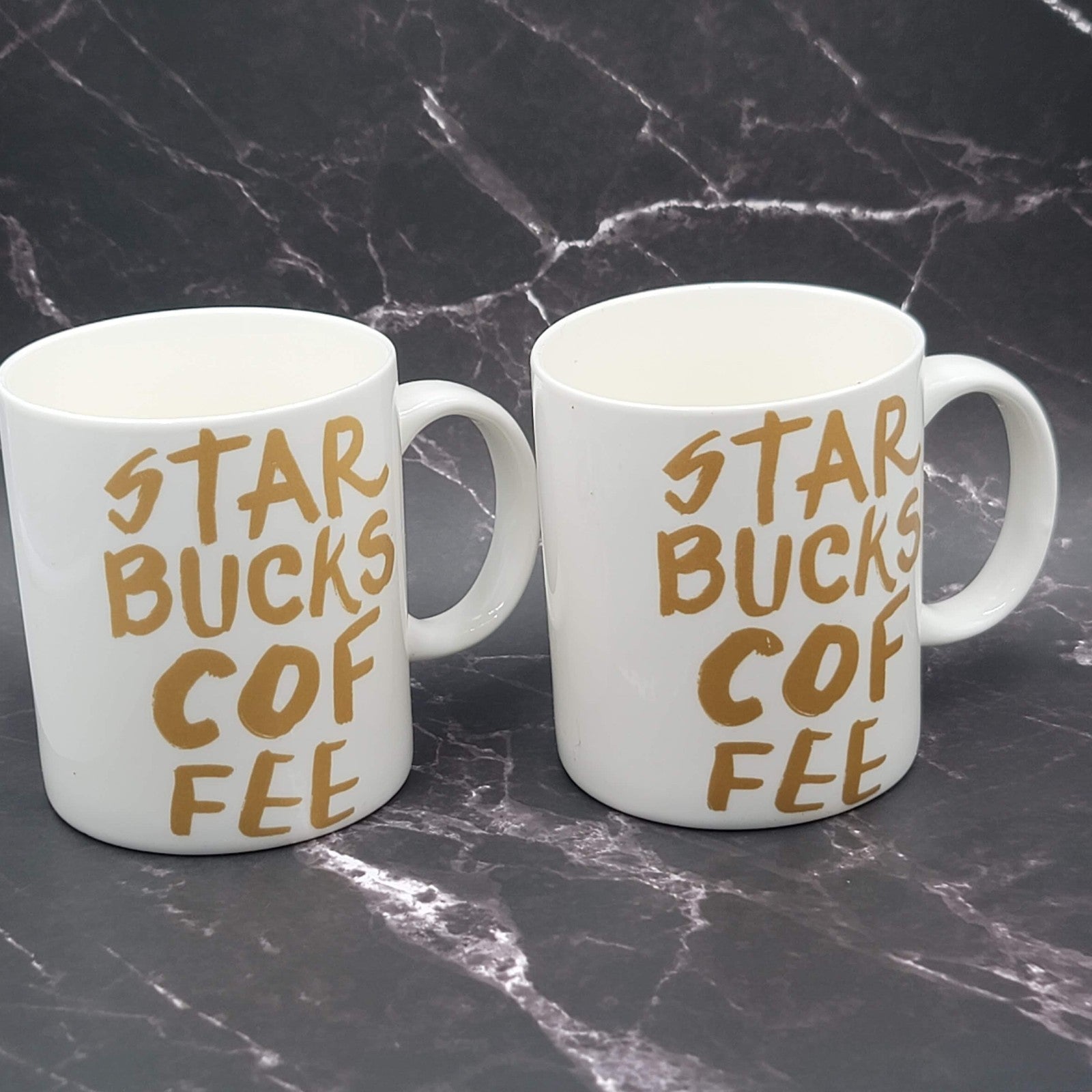 Set of 2 Starbucks Coffee Mug White Gold Lettering 2015