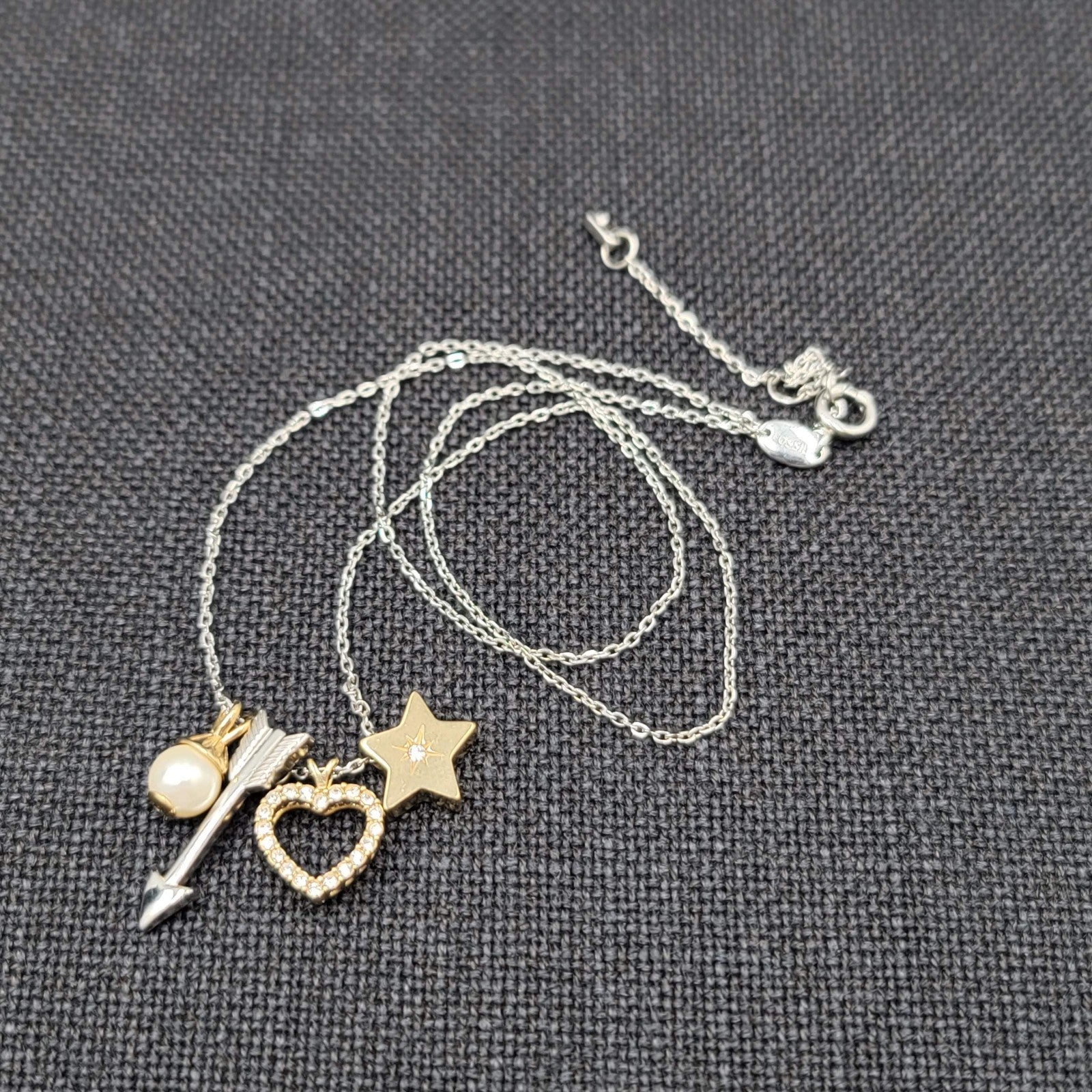 Fossil Charm Pendant Necklace Silver tone Heart Arrow Star Crystals 16"-18"