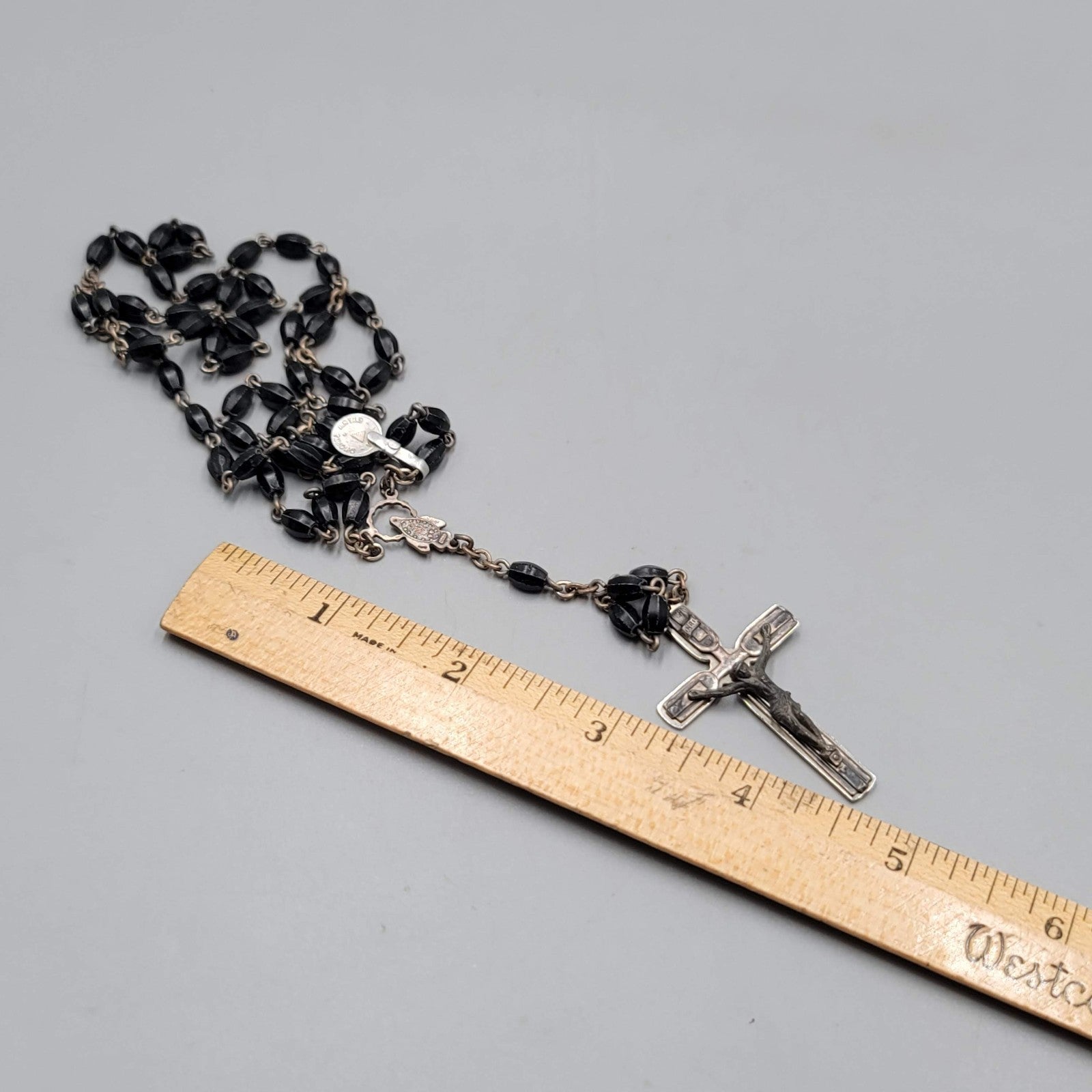 Catholic Rosary Crucifix Black Plastic Beads Silver tone Made in Italy