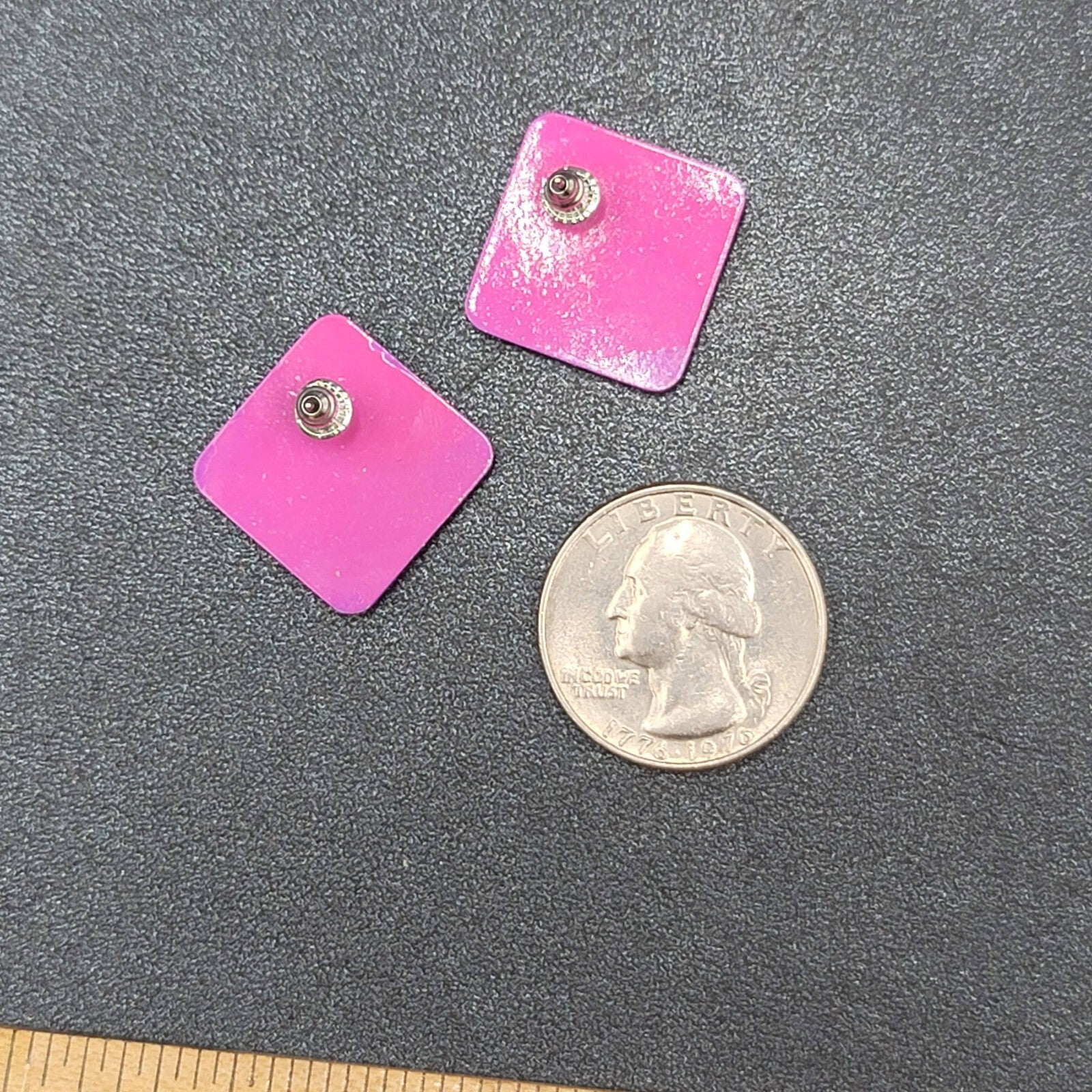 Vintage Pierced Earrings Purple Swirl Enamel over Metal Square Drop 1"
